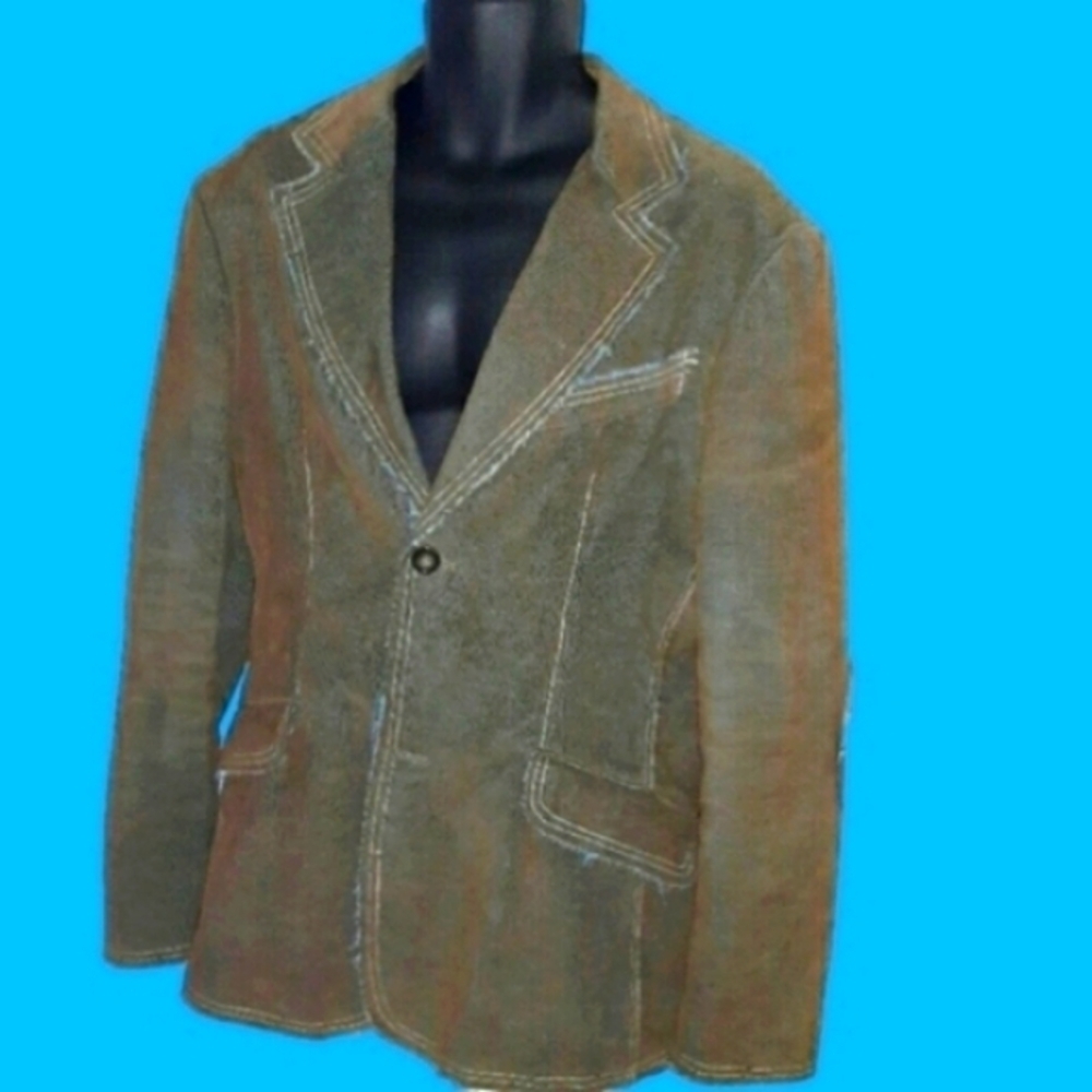 PRATTO Fitted Brown Cordouroy Blazer with Light Blue Stitch Trim, M - Picture 7 of 7